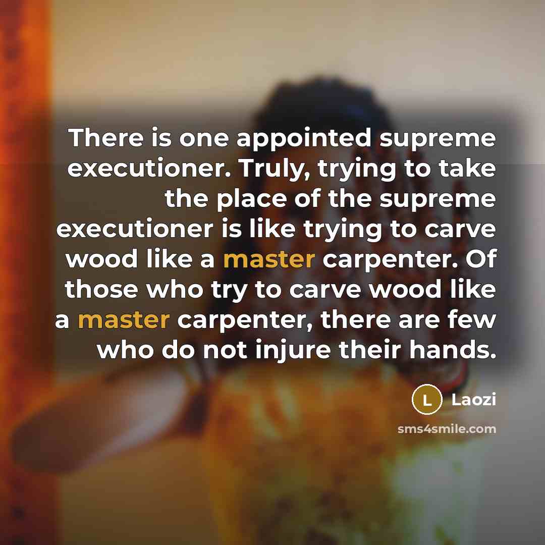 “There is one appointed supreme executioner. Truly, trying to take the place of the supreme executioner is like trying to carve wood like a master carpenter. Of those who try to carve wood like a master carpenter, there are few who do not injure their hands.” quote by Laozi