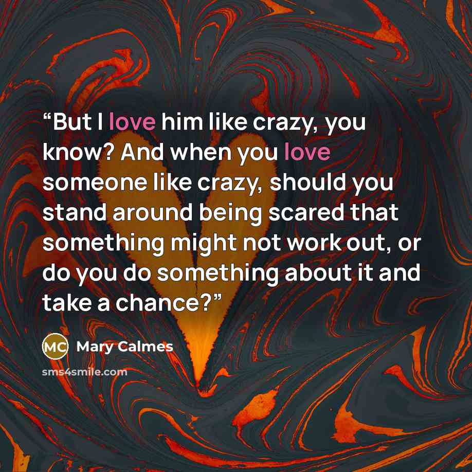 “But I love him like crazy, you know? And when you love someone like crazy, should you stand around being scared that something might not work out, or do you do something about it and take a chance?” quote by Mary Calmes