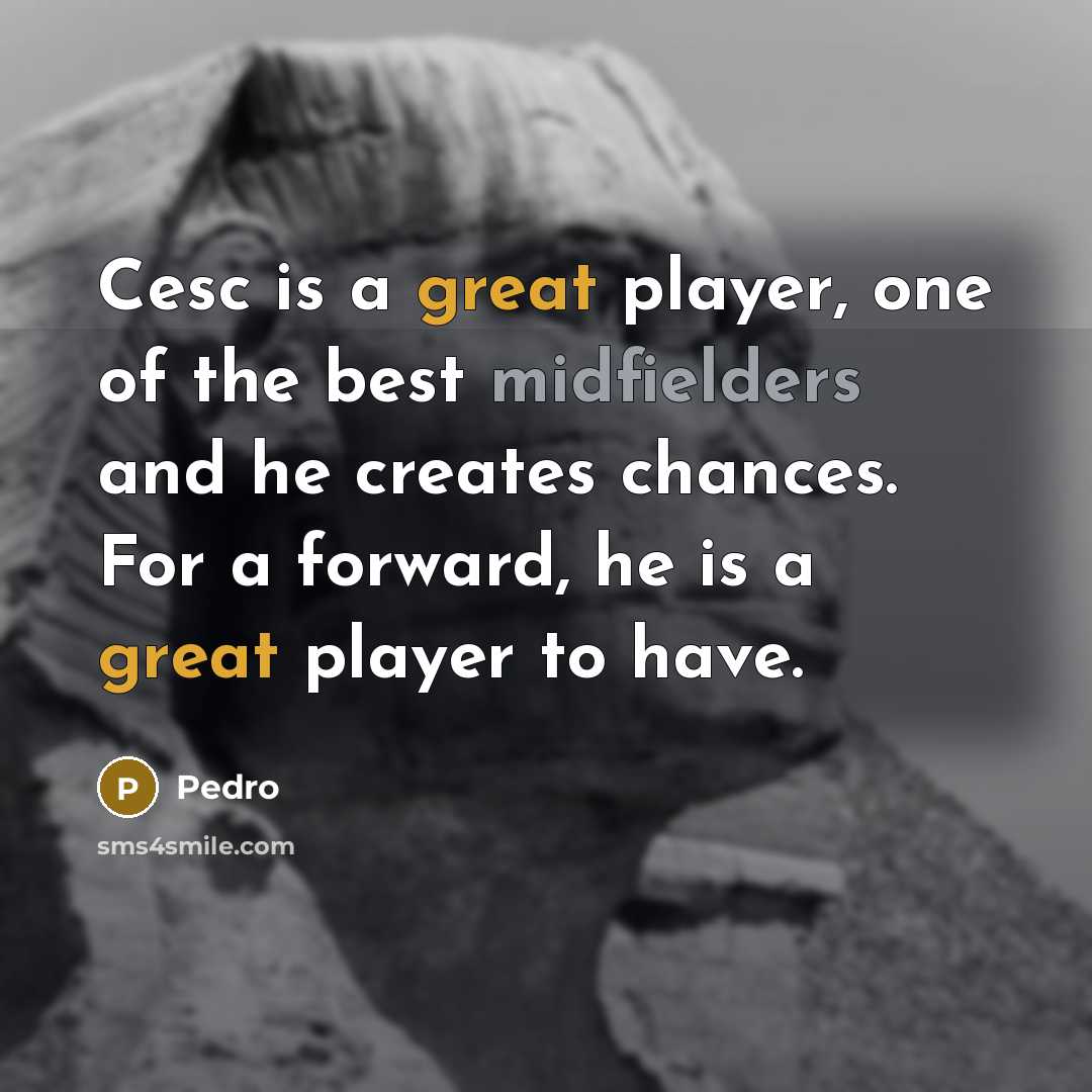 “Cesc is a great player, one of the best midfielders and he creates chances. For a forward, he is a great player to have.” quote by Pedro