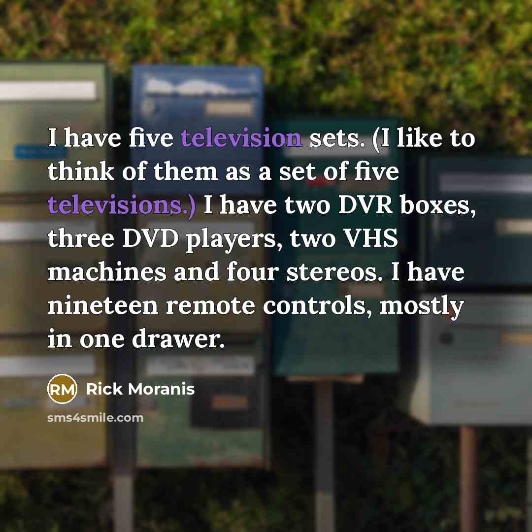 “I have five television sets. (I like to think of them as a set of five televisions.) I have two DVR boxes, three DVD players, two VHS machines and four stereos. I have nineteen remote controls, mostly in one drawer.” quote by Rick Moranis
