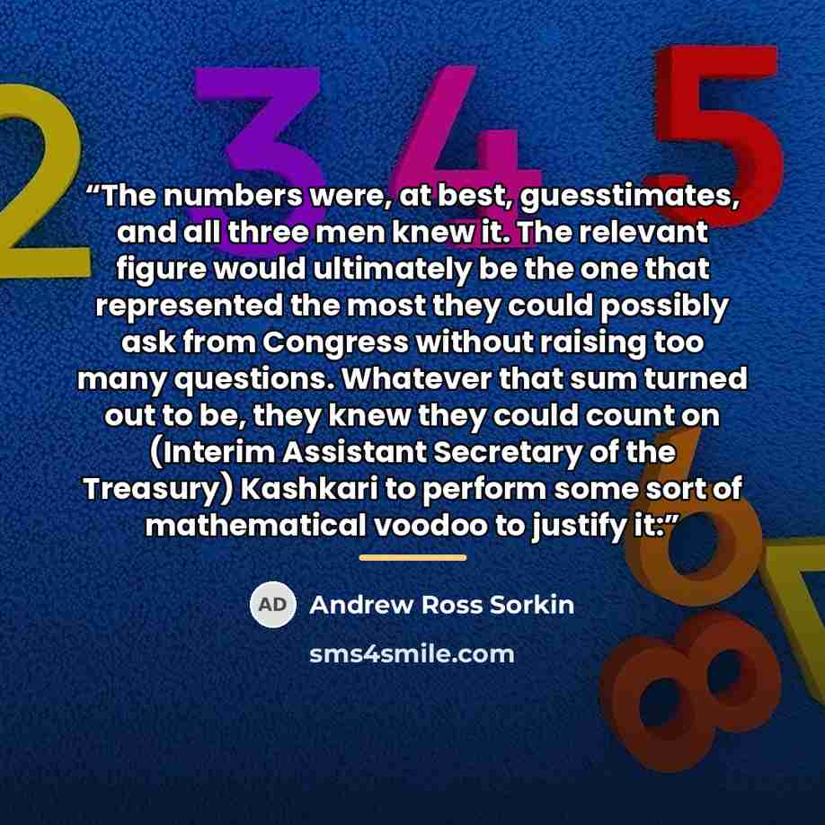 “The numbers were, at best, guesstimates, and all three men knew it. The relevant figure would ultimately be the one that represented the most they could possibly ask from Congress without raising too many questions. Whatever that sum turned out to be, they knew they could count on (Interim…” quote by Andrew Ross Sorkin