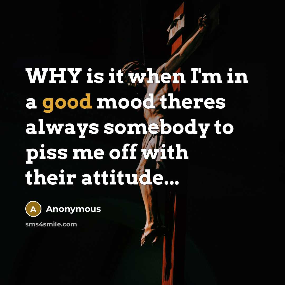 “WHY is it when I'm in a good mood theres always somebody to piss me off with their attitude...” quote by Anonymous