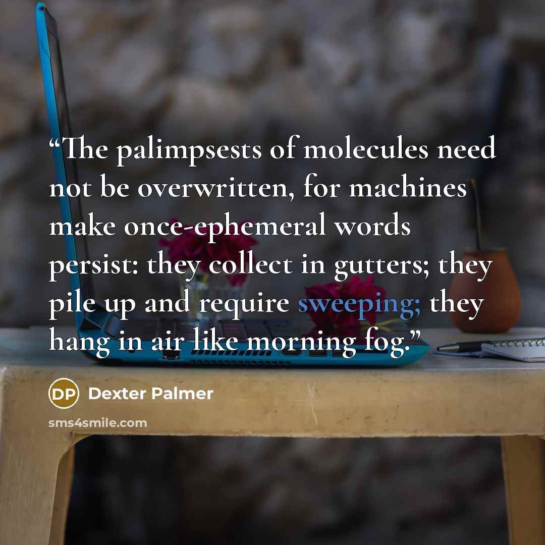 “The palimpsests of molecules need not be overwritten, for machines make once-ephemeral words persist: they collect in gutters; they pile up and require sweeping; they hang in air like morning fog.” quote by Dexter Palmer