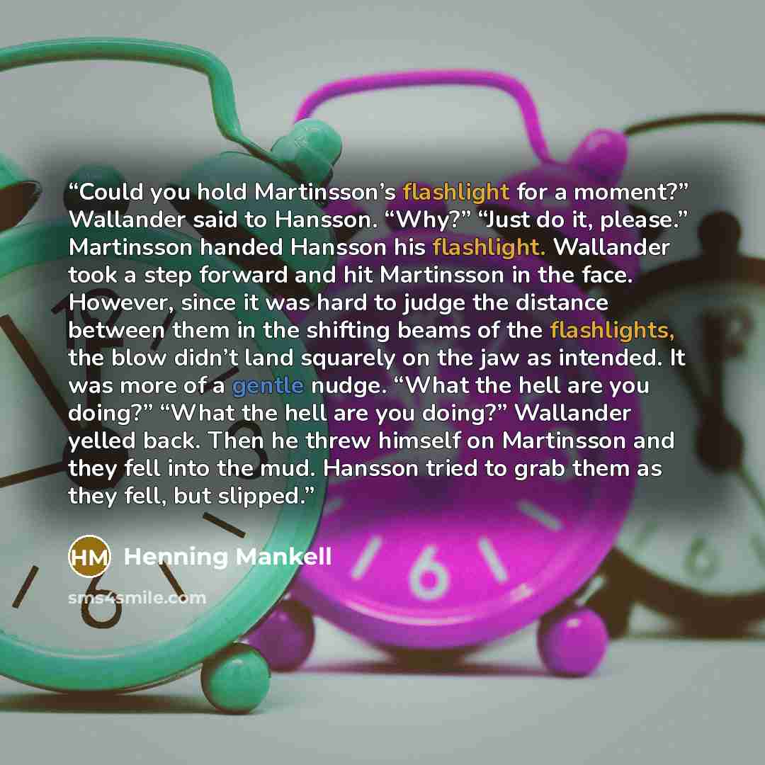 “Could you hold Martinsson’s flashlight for a moment?” Wallander said to Hansson. “Why?” “Just do it, please.” Martinsson handed Hansson his flashlight. Wallander took a step forward and hit Martinsson in the face. However, since it was hard to judge the distance between them in the shifting beams…” quote by Henning Mankell