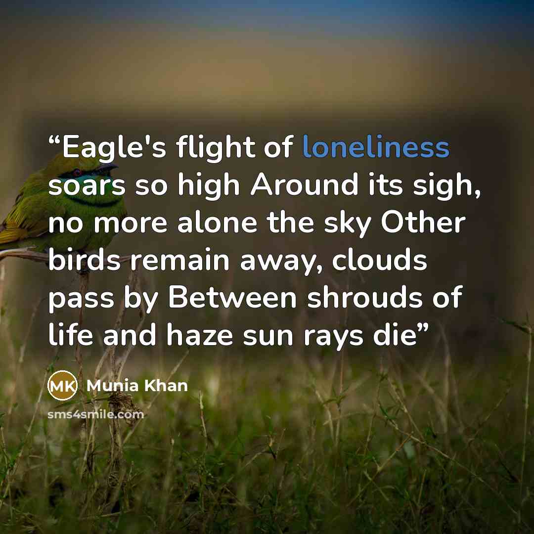 “Eagle's flight of loneliness soars so high Around its sigh, no more alone the sky Other birds remain away, clouds pass by Between shrouds of life and haze sun rays die” quote by Munia Khan