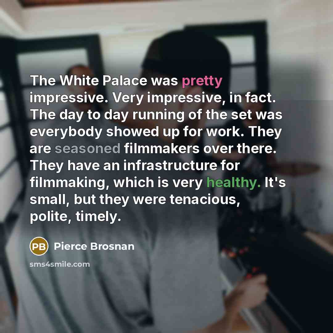 “The White Palace was pretty impressive. Very impressive, in fact. The day to day running of the set was everybody showed up for work. They are seasoned filmmakers over there. They have an infrastructure for filmmaking, which is very healthy. It's small, but they were tenacious, polite, timely.” quote by Pierce Brosnan