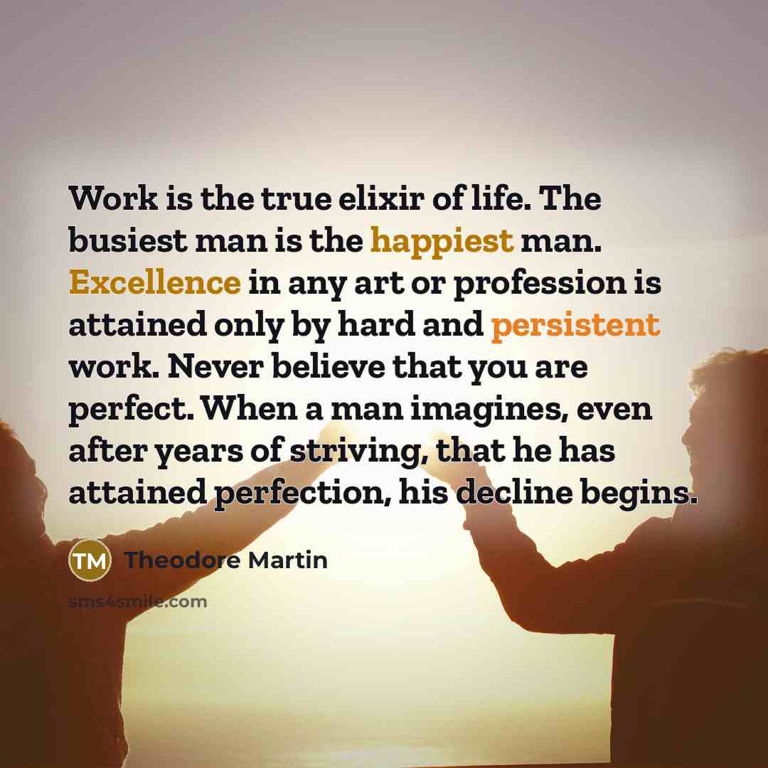 “Work is the true elixir of life. The busiest man is the happiest man. Excellence in any art or profession is attained only by hard and persistent work. Never believe that you are perfect. When a man imagines, even after years of striving, that he has attained perfection, his decline begins.” quote by Theodore Martin