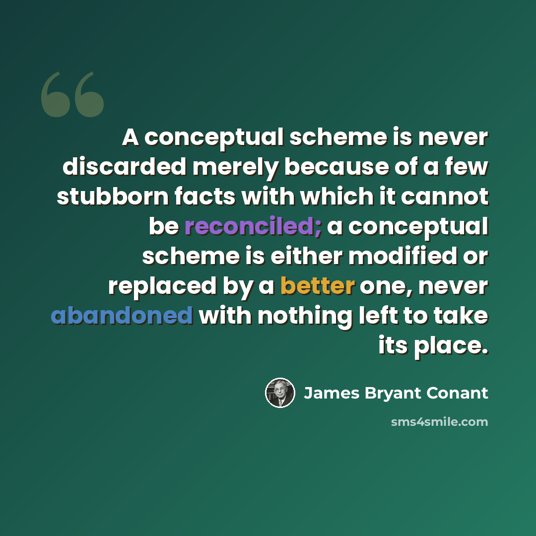 “A conceptual scheme is never discarded merely because of a few stubborn facts with which it cannot be reconciled; a conceptual scheme is either modified or replaced by a better one, never abandoned with nothing left to take its place.” quote by James Bryant Conant