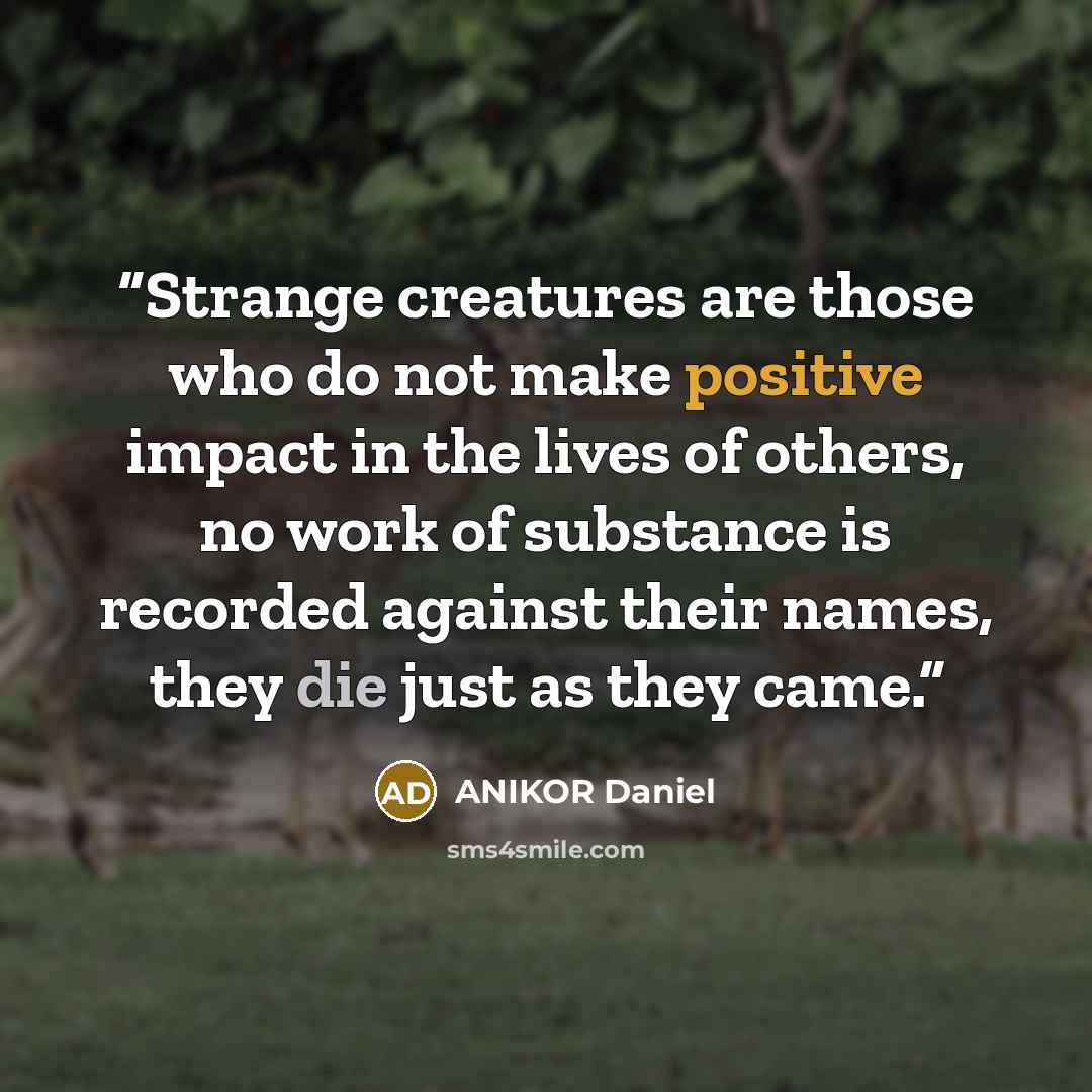 “Strange creatures are those who do not make positive impact in the lives of others, no work of substance is recorded against their names, they die just as they came.” quote by ANIKOR Daniel