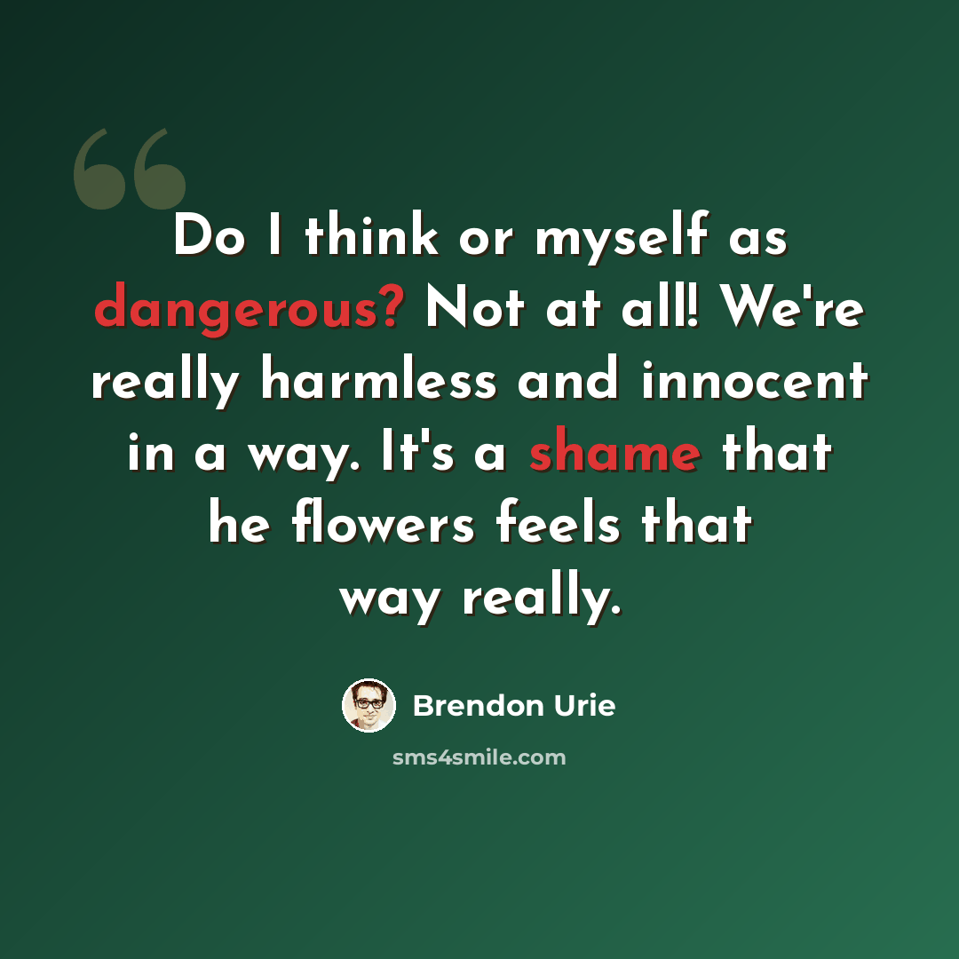 “Do I think or myself as dangerous? Not at all! We're really harmless and innocent in a way. It's a shame that he flowers feels that way really.” quote by Brendon Urie