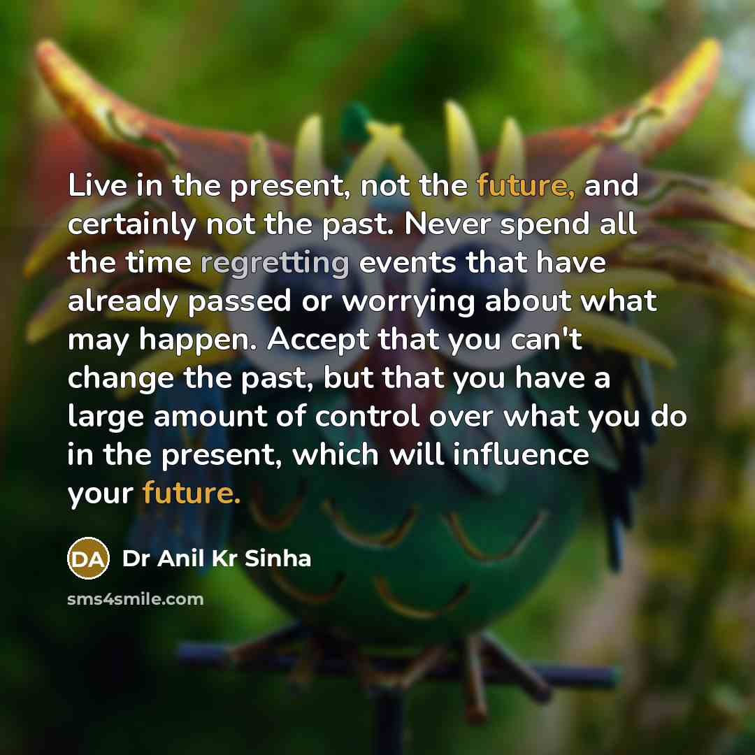 “Live in the present, not the future, and certainly not the past. Never spend all the time regretting events that have already passed or worrying about what may happen. Accept that you can't change the past, but that you have a large amount of control over what you do in the present, which will…” quote by Dr Anil Kr Sinha