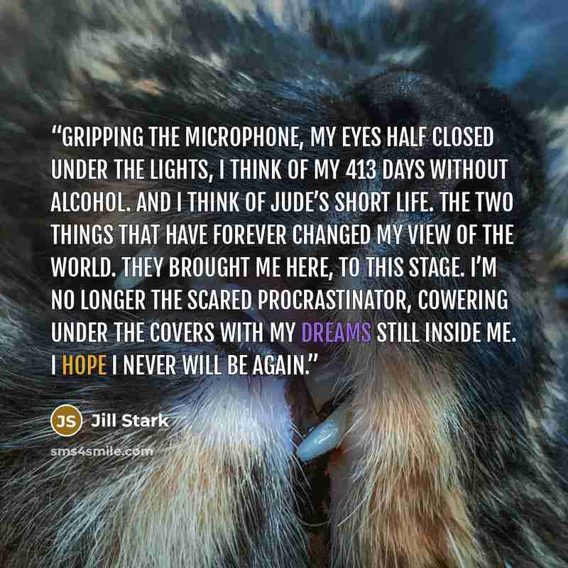 “Gripping the microphone, my eyes half closed under the lights, I think of my 413 days without alcohol. And I think of Jude’s short life. The two things that have forever changed my view of the world. They brought me here, to this stage. I’m no longer the scared procrastinator, cowering under the…” quote by Jill Stark