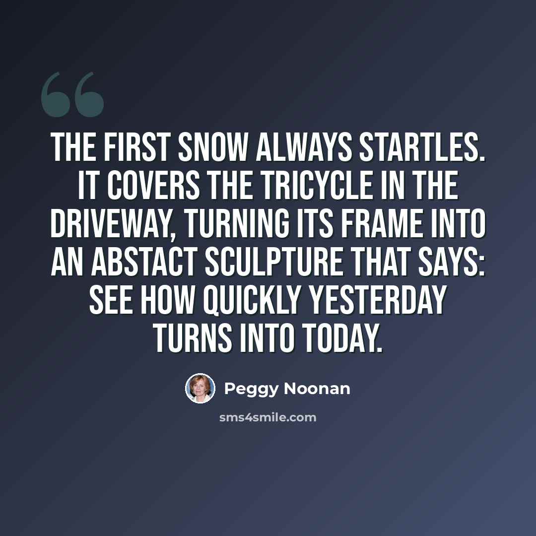 “The first snow always startles. It covers the tricycle in the driveway, turning its frame into an abstact sculpture that says: See how quickly yesterday turns into today.” quote by Peggy Noonan