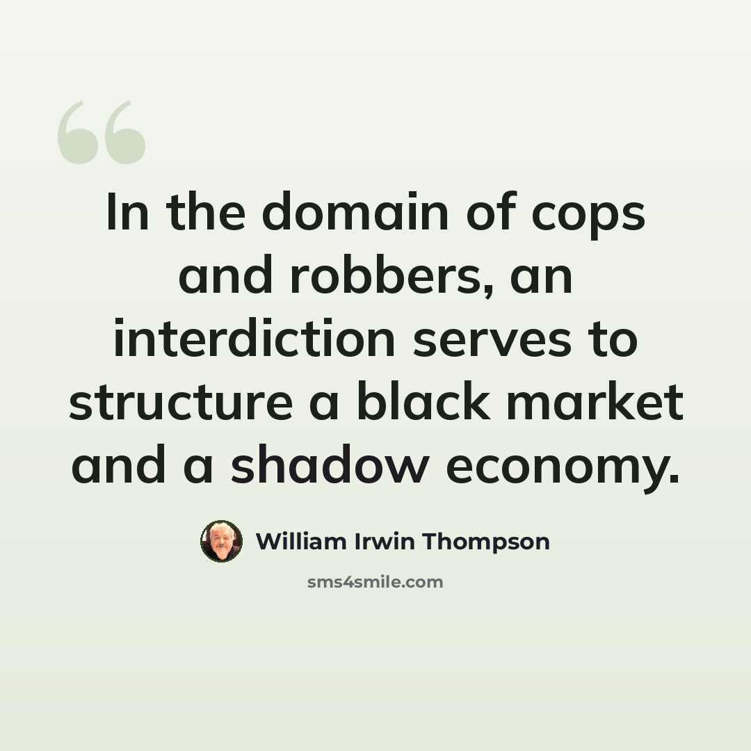 “In the domain of cops and robbers, an interdiction serves to structure a black market and a shadow economy.” quote by William Irwin Thompson
