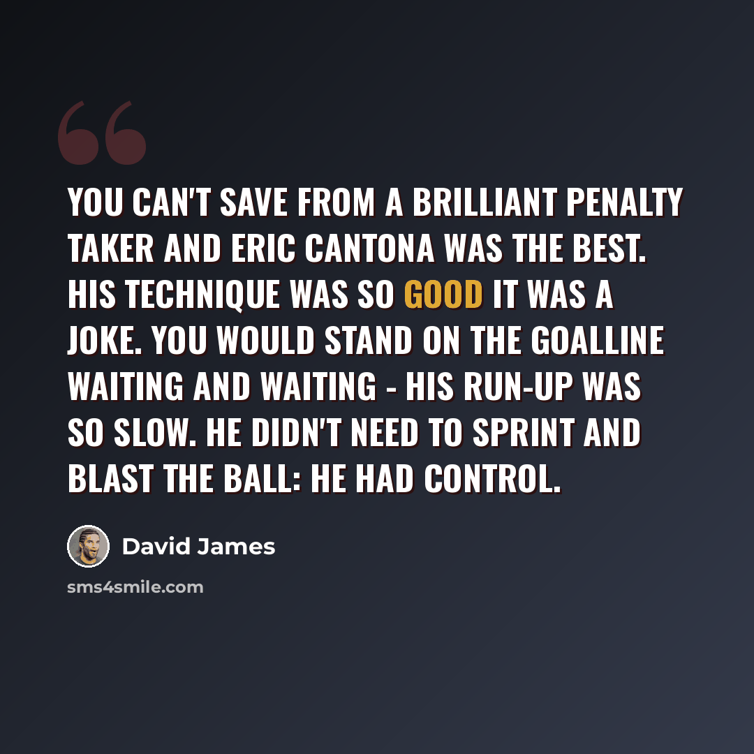 “You can't save from a brilliant penalty taker and Eric Cantona was the best. His technique was so good it was a joke. You would stand on the goalline waiting and waiting - his run-up was so slow. He didn't need to sprint and blast the ball: he had control.” quote by David James