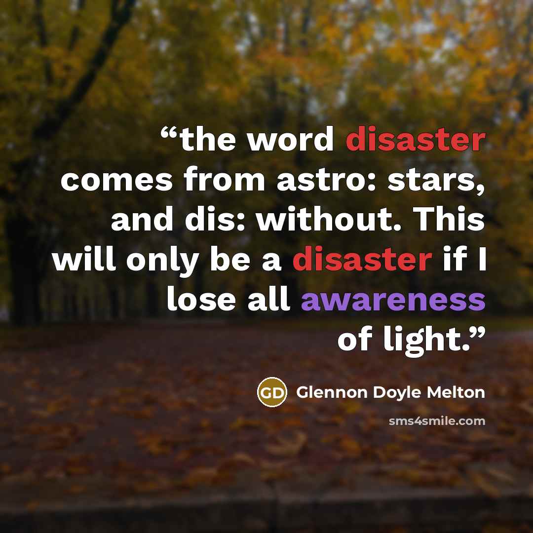 “the word disaster comes from astro: stars, and dis: without. This will only be a disaster if I lose all awareness of light.” quote by Glennon Doyle Melton