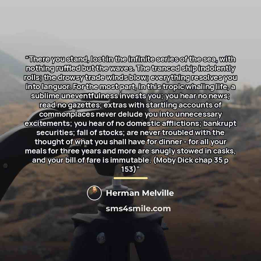 “There you stand, lost in the infinite series of the sea, with nothing ruffled but the waves. The tranced ship indolently rolls; the drowsy trade winds blow; everything resolves you into languor. For the most part, in this tropic whaling life, a sublime uneventfulness invests you; you hear no news…” quote by Herman Melville