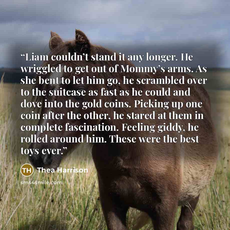 “Liam couldn’t stand it any longer. He wriggled to get out of Mommy’s arms. As she bent to let him go, he scrambled over to the suitcase as fast as he could and dove into the gold coins. Picking up one coin after the other, he stared at them in complete fascination. Feeling giddy, he rolled around…” quote by Thea Harrison