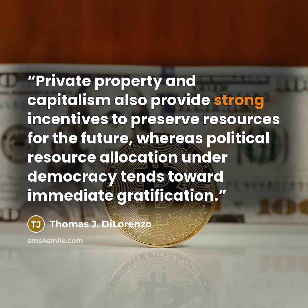 “Private property and capitalism also provide strong incentives to preserve resources for the future, whereas political resource allocation under democracy tends toward immediate gratification.” quote by Thomas J. DiLorenzo