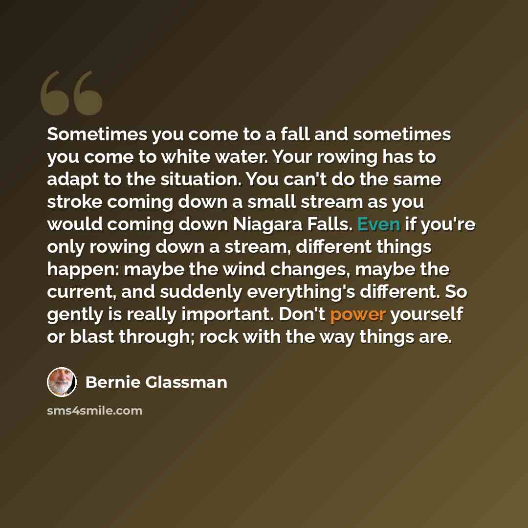 “Sometimes you come to a fall and sometimes you come to white water. Your rowing has to adapt to the situation. You can't do the same stroke coming down a small stream as you would coming down Niagara Falls. Even if you're only rowing down a stream, different things happen: maybe the wind changes…” quote by Bernie Glassman