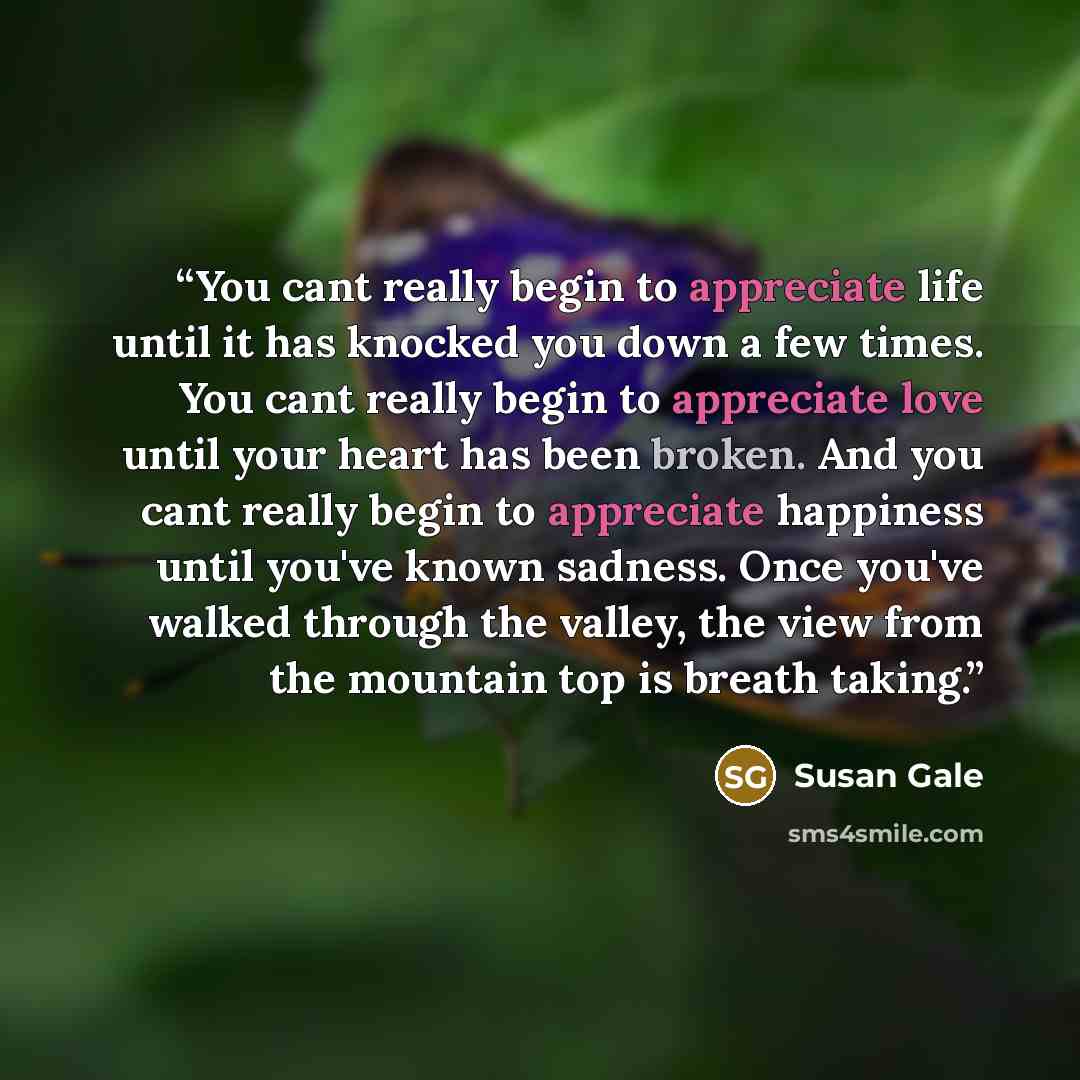 “You cant really begin to appreciate life until it has knocked you down a few times. You cant really begin to appreciate love until your heart has been broken. And you cant really begin to appreciate happiness until you've known sadness. Once you've walked through the valley, the view from the…” quote by Susan Gale