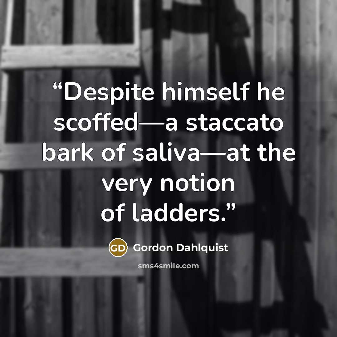 “Despite himself he scoffed—a staccato bark of saliva—at the very notion of ladders.” quote by Gordon Dahlquist
