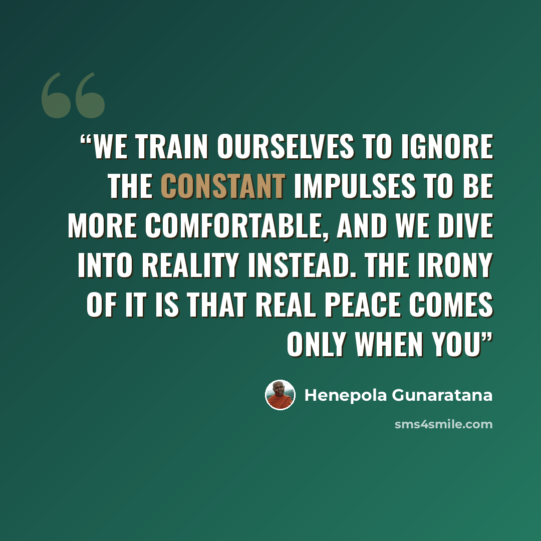 “we train ourselves to ignore the constant impulses to be more comfortable, and we dive into reality instead. The irony of it is that real peace comes only when you” quote by Henepola Gunaratana