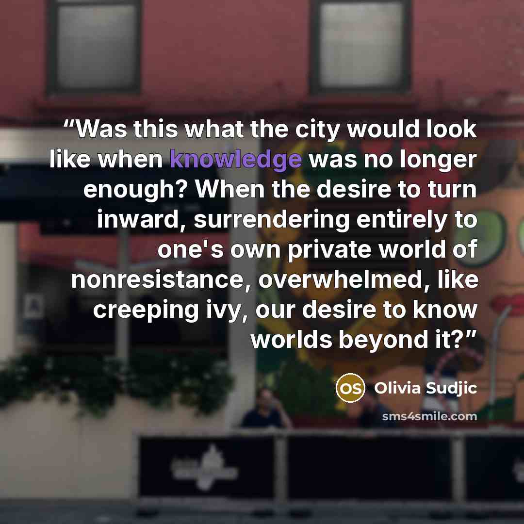 “Was this what the city would look like when knowledge was no longer enough? When the desire to turn inward, surrendering entirely to one's own private world of nonresistance, overwhelmed, like creeping ivy, our desire to know worlds beyond it?” quote by Olivia Sudjic