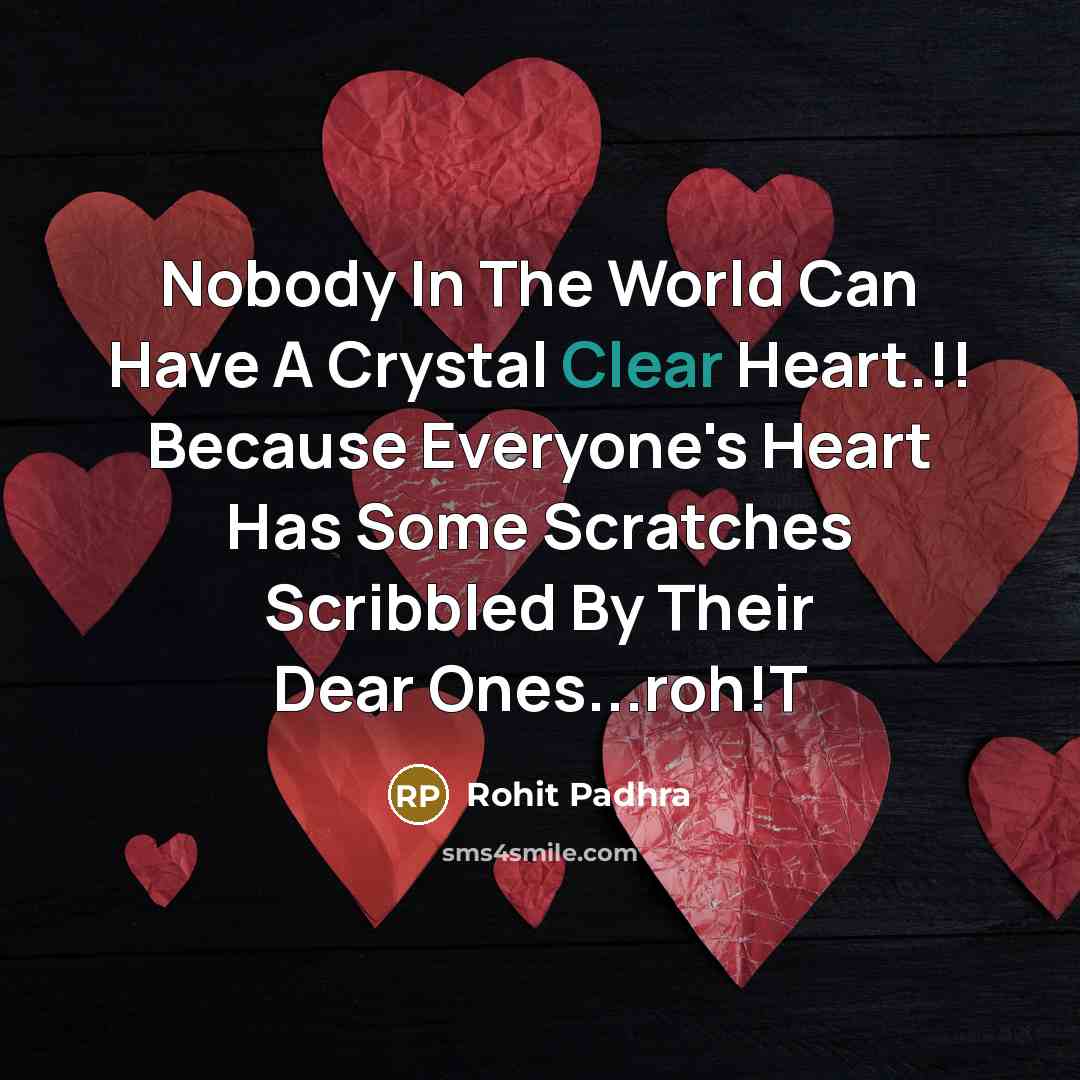 “Nobody In The World Can Have A Crystal Clear Heart.!! Because Everyone's Heart Has Some Scratches Scribbled By Their Dear Ones...roh!T” quote by Rohit Padhra