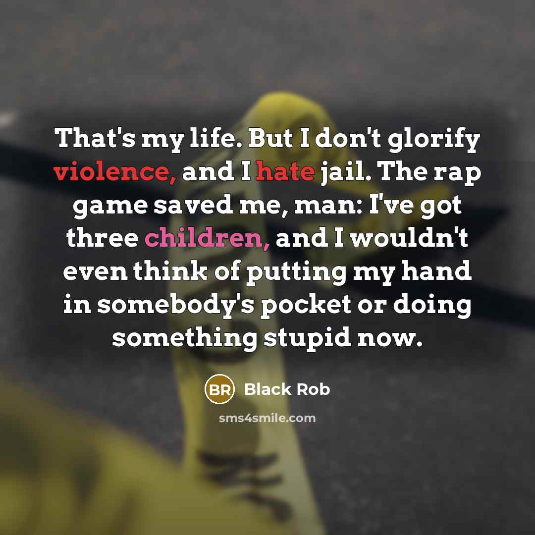 “That's my life. But I don't glorify violence, and I hate jail. The rap game saved me, man: I've got three children, and I wouldn't even think of putting my hand in somebody's pocket or doing something stupid now.” quote by Black Rob