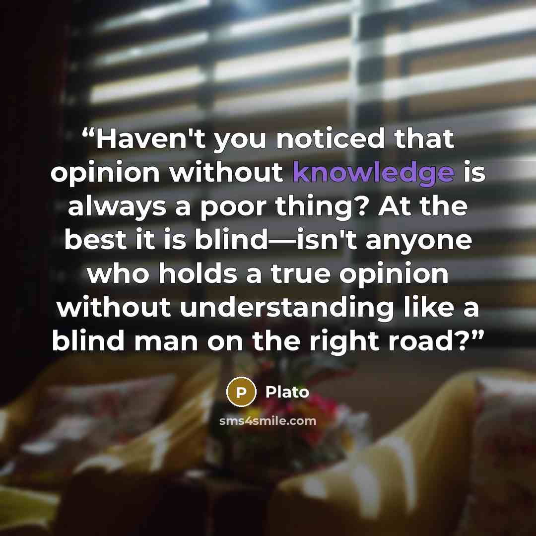 “Haven't you noticed that opinion without knowledge is always a poor thing? At the best it is blind—isn't anyone who holds a true opinion without understanding like a blind man on the right road?” quote by Plato