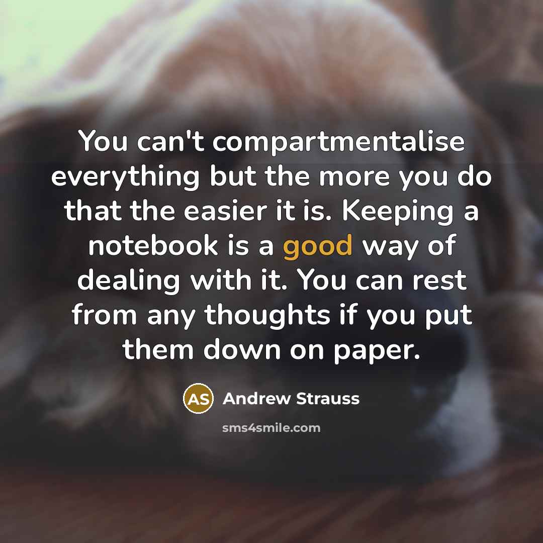 “You can't compartmentalise everything but the more you do that the easier it is. Keeping a notebook is a good way of dealing with it. You can rest from any thoughts if you put them down on paper.” quote by Andrew Strauss