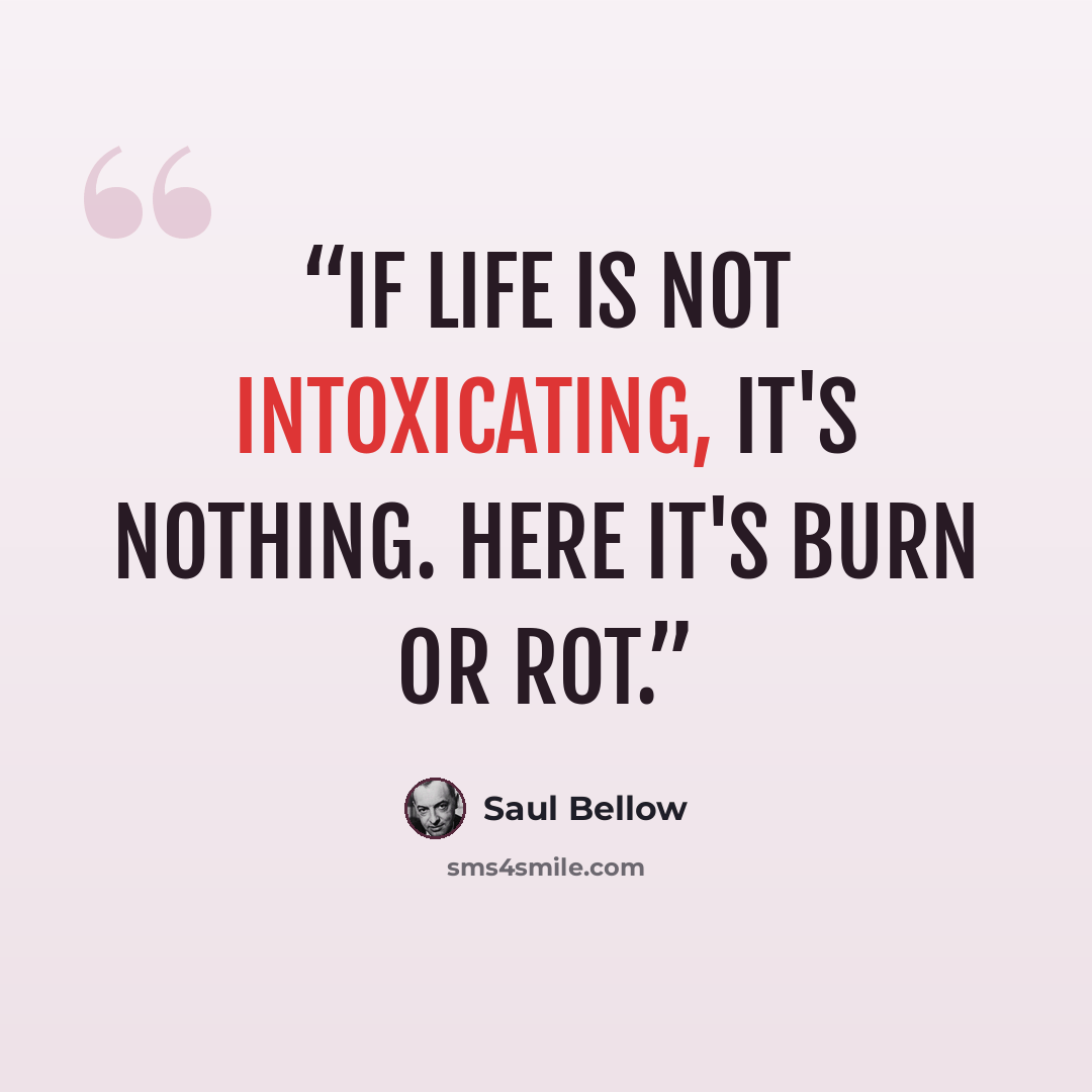 “If life is not intoxicating, it's nothing. Here it's burn or rot.” quote by Saul Bellow