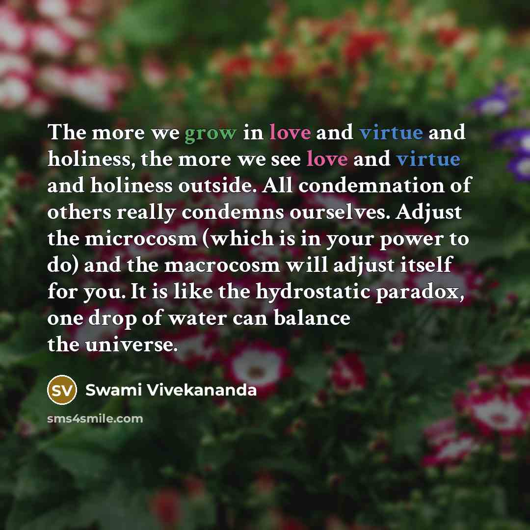 “The more we grow in love and virtue and holiness, the more we see love and virtue and holiness outside. All condemnation of others really condemns ourselves. Adjust the microcosm (which is in your power to do) and the macrocosm will adjust itself for you. It is like the hydrostatic paradox, one…” quote by Swami Vivekananda