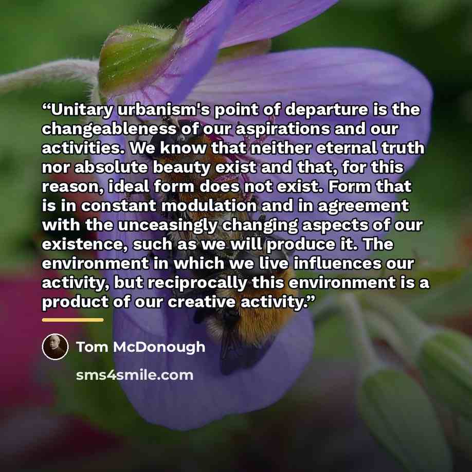 “Unitary urbanism's point of departure is the changeableness of our aspirations and our activities. We know that neither eternal truth nor absolute beauty exist and that, for this reason, ideal form does not exist. Form that is in constant modulation and in agreement with the unceasingly changing…” quote by Tom McDonough
