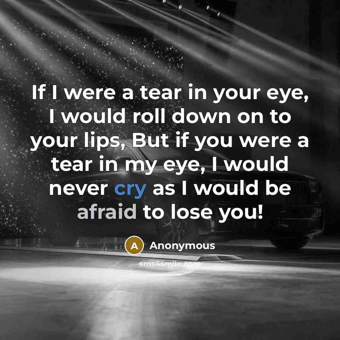 “If I were a tear in your eye, I would roll down on to your lips, But if you were a tear in my eye, I would never cry as I would be afraid to lose you!” quote by Anonymous