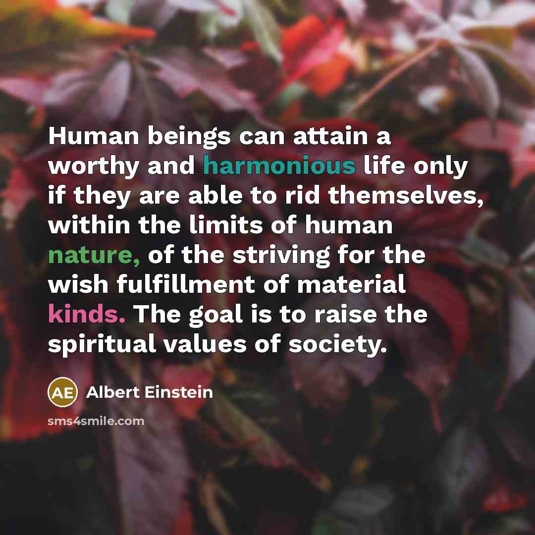 “Human beings can attain a worthy and harmonious life only if they are able to rid themselves, within the limits of human nature, of the striving for the wish fulfillment of material kinds. The goal is to raise the spiritual values of society.” quote by Albert Einstein