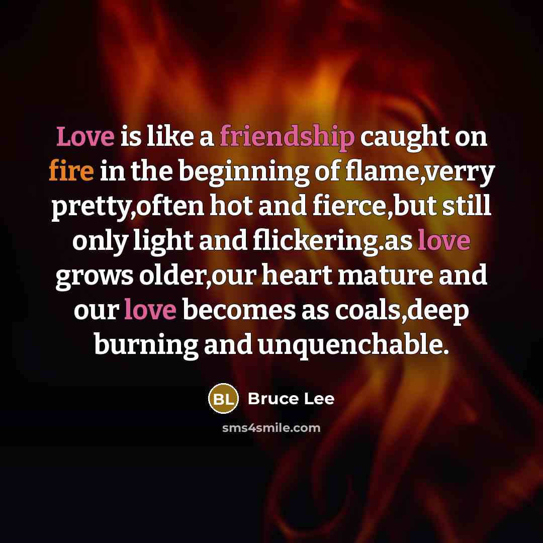 “Love is like a friendship caught on fire in the beginning of flame,verry pretty,often hot and fierce,but still only light and flickering.as love grows older,our heart mature and our love becomes as coals,deep burning and unquenchable.” quote by Bruce Lee