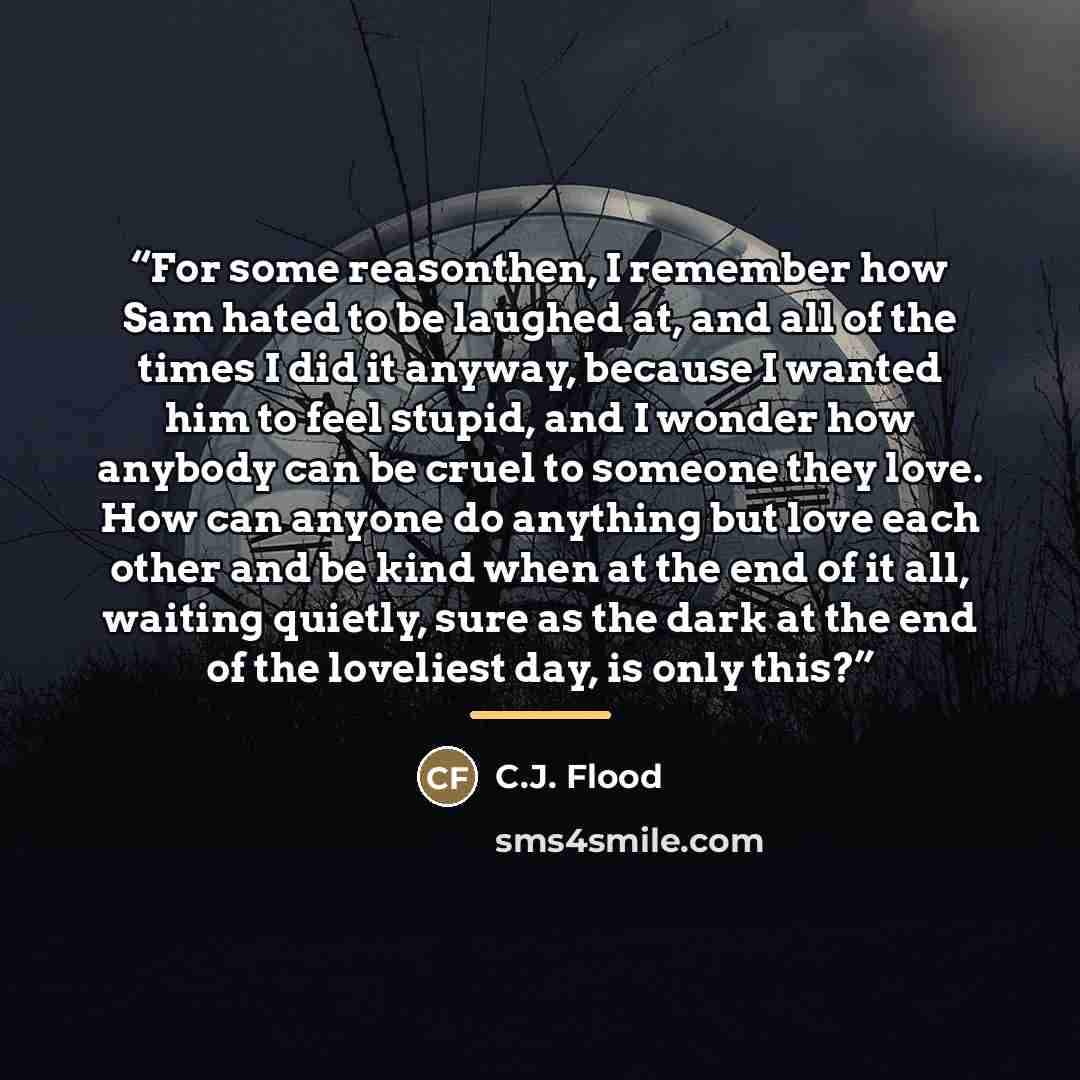 “For some reasonthen, I remember how Sam hated to be laughed at, and all of the times I did it anyway, because I wanted him to feel stupid, and I wonder how anybody can be cruel to someone they love. How can anyone do anything but love each other and be kind when at the end of it all, waiting…” quote by C.J. Flood