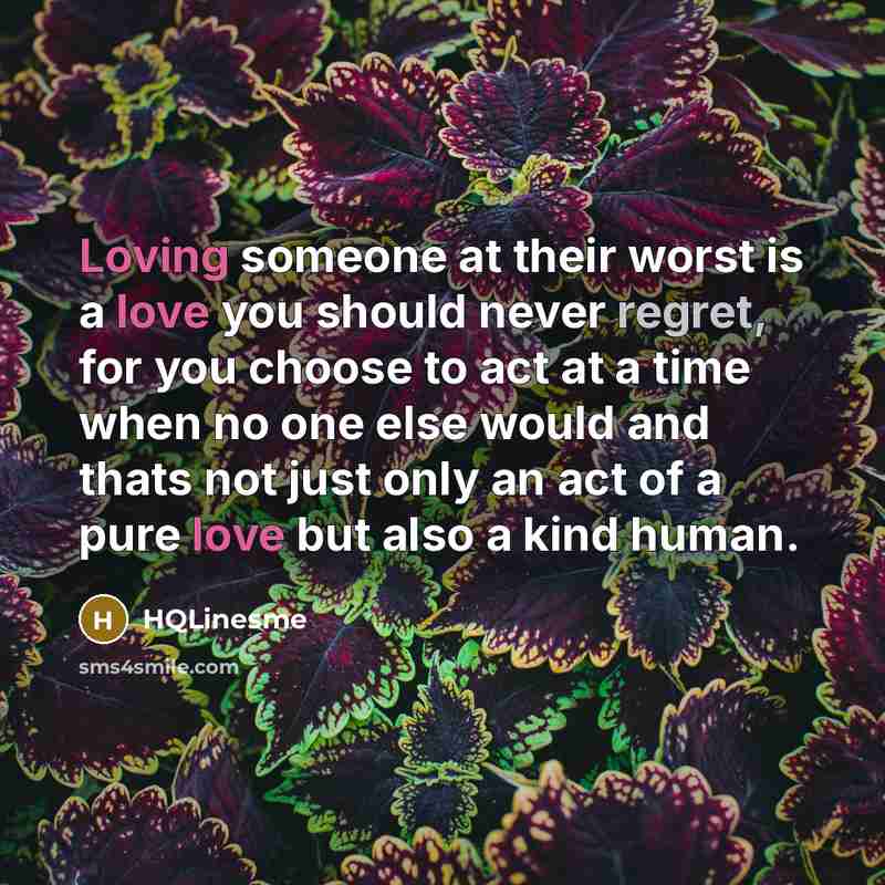 “Loving someone at their worst is a love you should never regret, for you choose to act at a time when no one else would and thats not just only an act of a pure love but also a kind human.” quote by HQLinesme