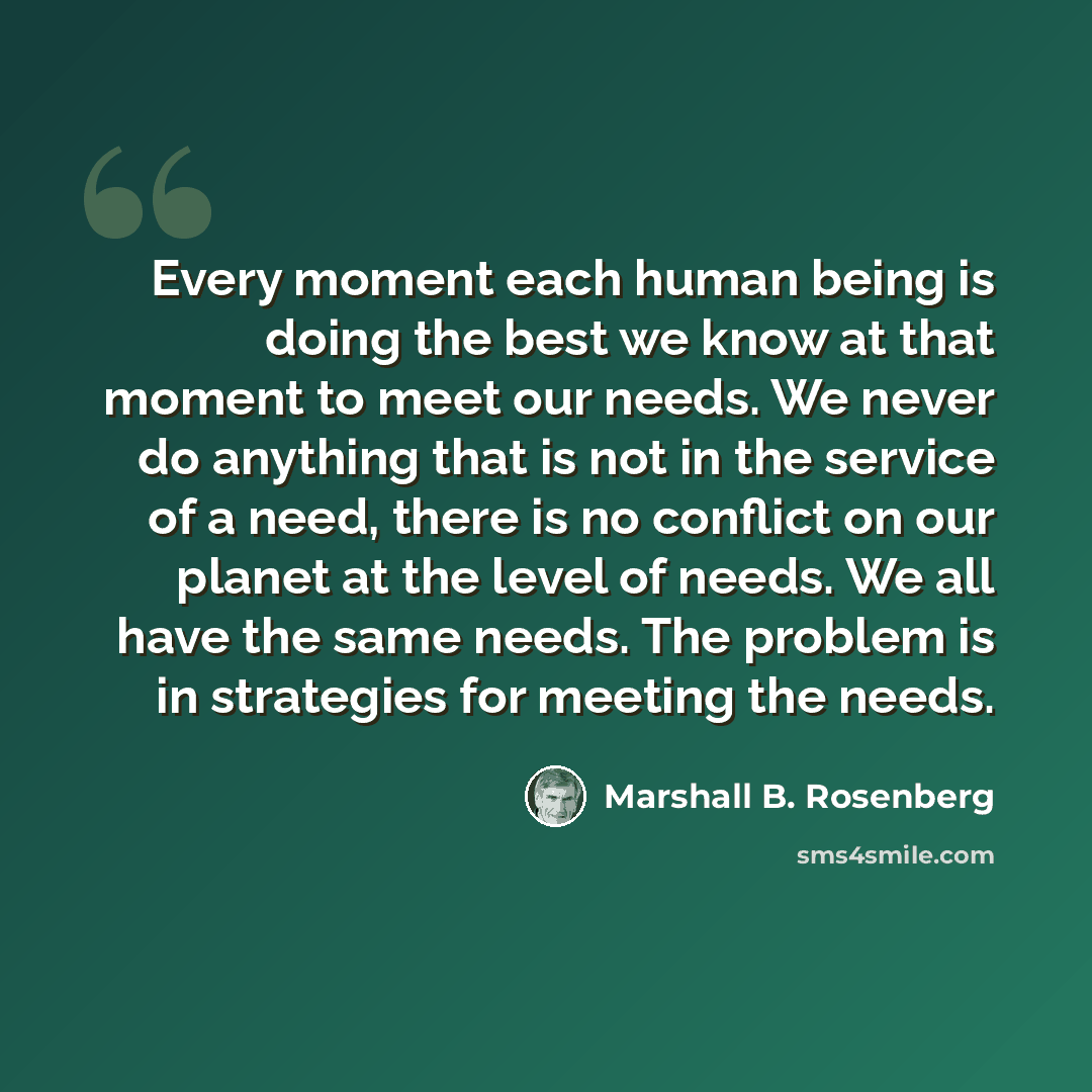 “Every moment each human being is doing the best we know at that moment to meet our needs. We never do anything that is not in the service of a need, there is no conflict on our planet at the level of needs. We all have the same needs. The problem is in strategies for meeting the needs.” quote by Marshall B. Rosenberg
