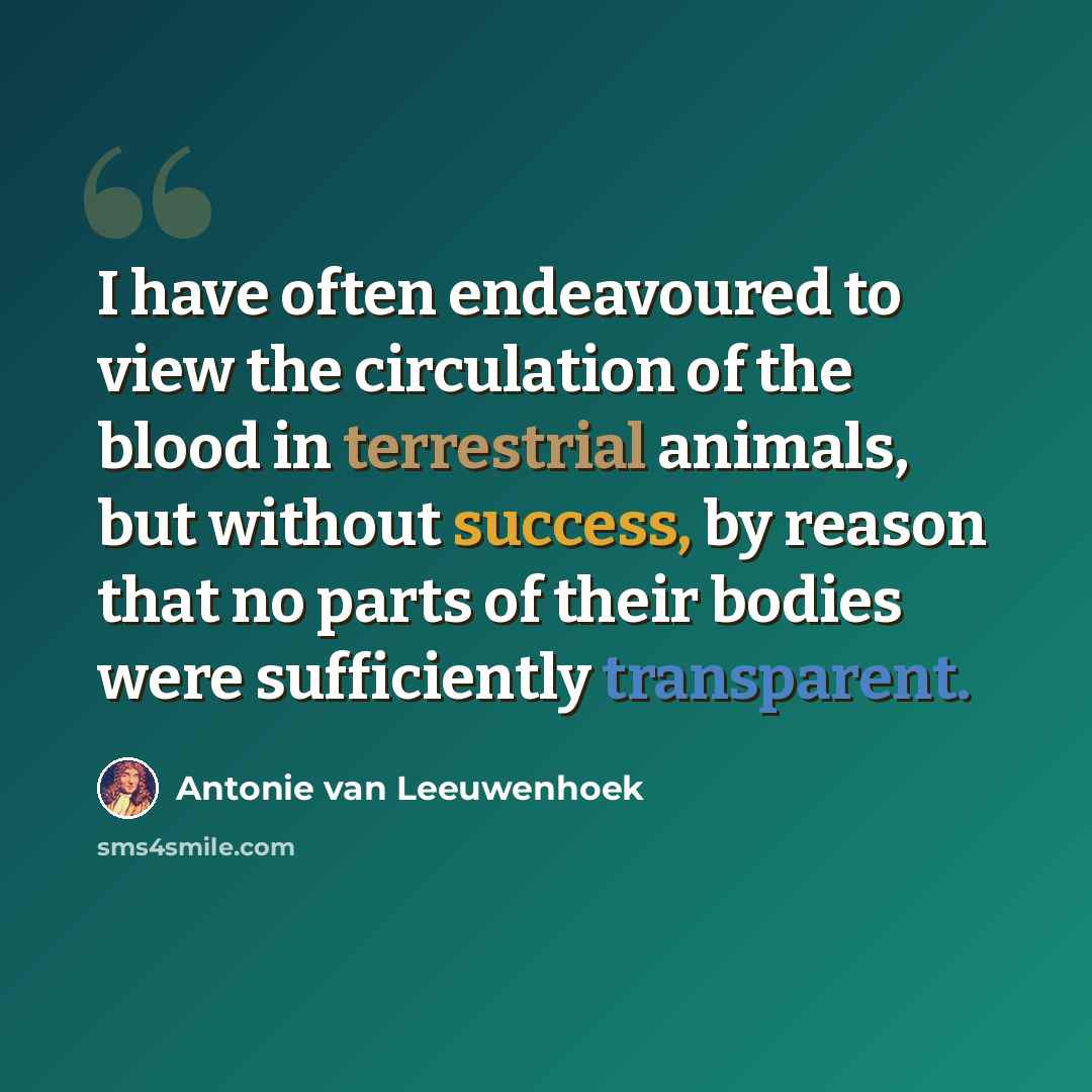 “I have often endeavoured to view the circulation of the blood in terrestrial animals, but without success, by reason that no parts of their bodies were sufficiently transparent.” quote by Antonie van Leeuwenhoek