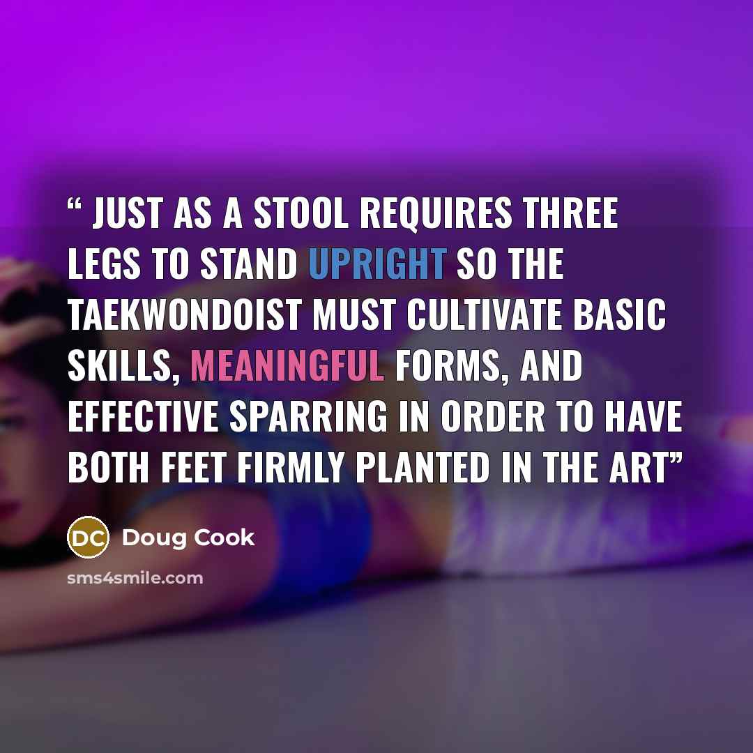 “just as a stool requires three legs to stand upright so the taekwondoist must cultivate basic skills, meaningful forms, and effective sparring in order to have both feet firmly planted in the art” quote by Doug Cook