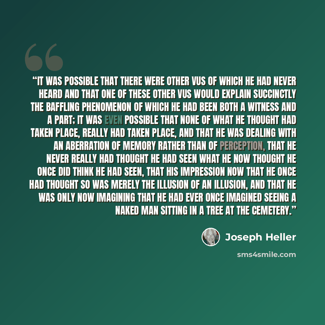 “It was possible that there were other vus of which he had never heard and that one of these other vus would explain succinctly the baffling phenomenon of which he had been both a witness and a part; it was even possible that none of what he thought had taken place, really had taken place, and that…” quote by Joseph Heller