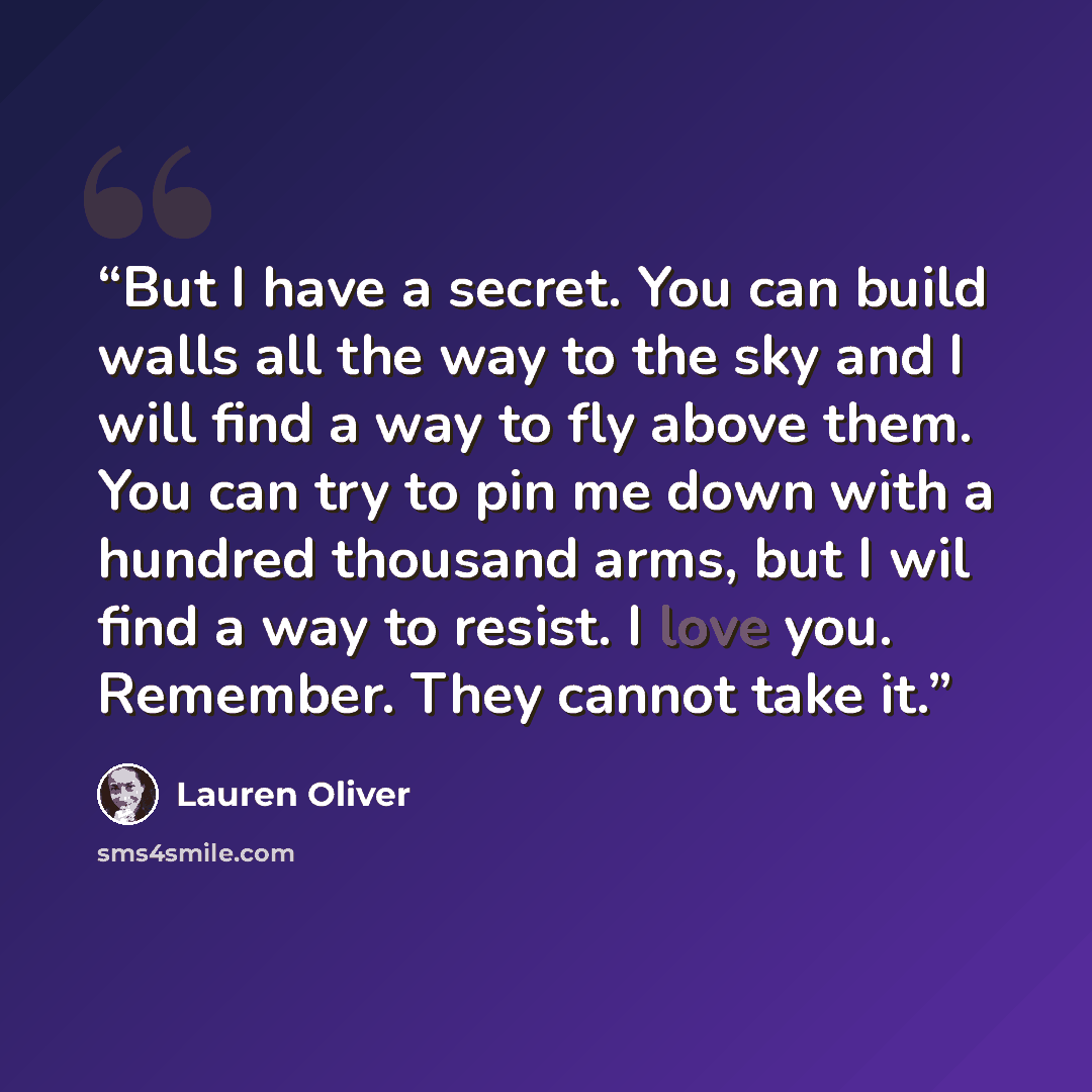 “But I have a secret. You can build walls all the way to the sky and I will find a way to fly above them. You can try to pin me down with a hundred thousand arms, but I wil find a way to resist. I love you. Remember. They cannot take it.” quote by Lauren Oliver