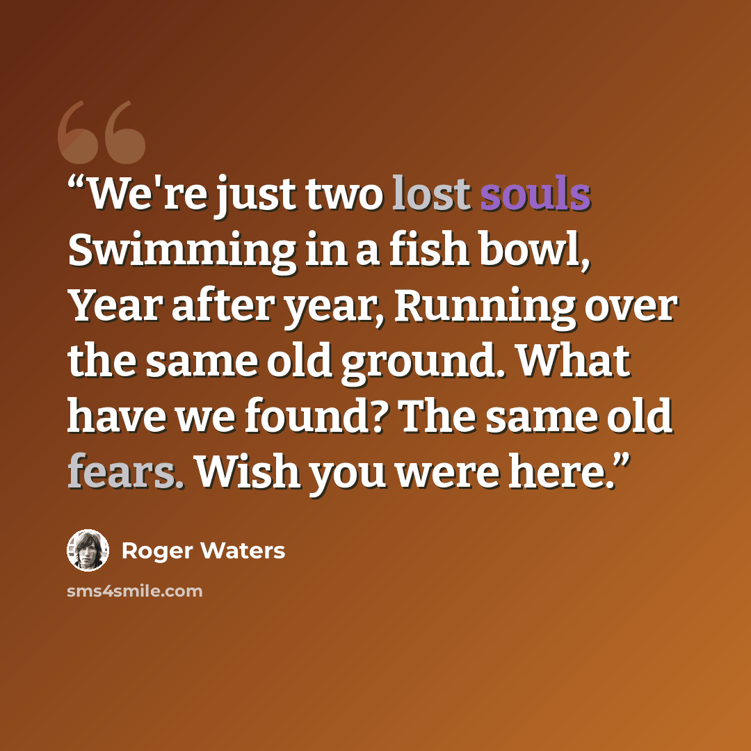 “We're just two lost souls Swimming in a fish bowl, Year after year, Running over the same old ground. What have we found? The same old fears. Wish you were here.” quote by Roger Waters