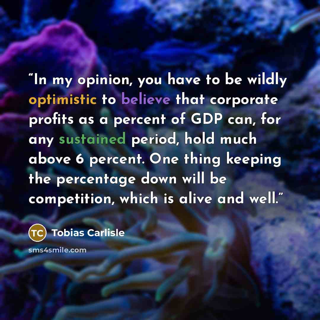 “In my opinion, you have to be wildly optimistic to believe that corporate profits as a percent of GDP can, for any sustained period, hold much above 6 percent. One thing keeping the percentage down will be competition, which is alive and well.” quote by Tobias Carlisle