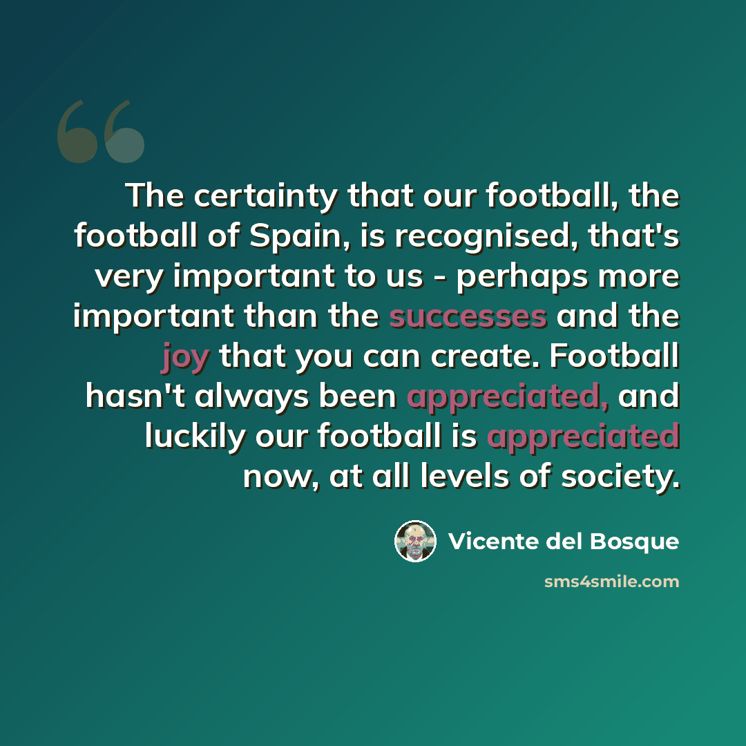 “The certainty that our football, the football of Spain, is recognised, that's very important to us - perhaps more important than the successes and the joy that you can create. Football hasn't always been appreciated, and luckily our football is appreciated now, at all levels of society.” quote by Vicente del Bosque