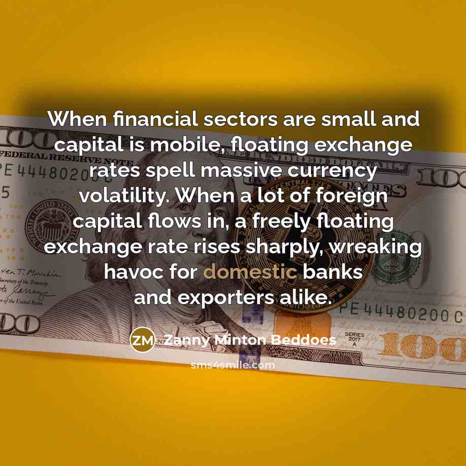 “When financial sectors are small and capital is mobile, floating exchange rates spell massive currency volatility. When a lot of foreign capital flows in, a freely floating exchange rate rises sharply, wreaking havoc for domestic banks and exporters alike.” quote by Zanny Minton Beddoes