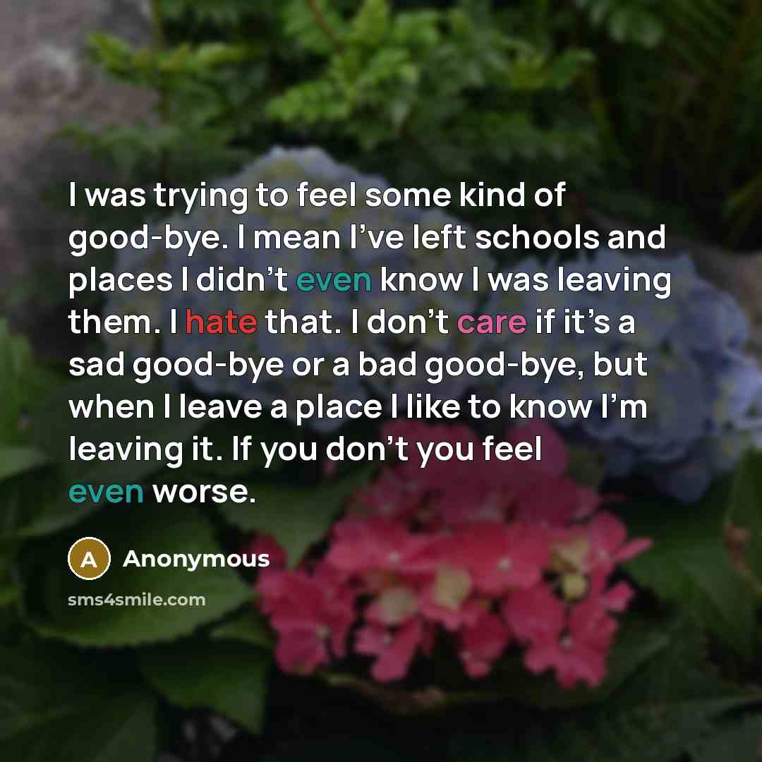 “I was trying to feel some kind of good-bye. I mean I’ve left schools and places I didn’t even know I was leaving them. I hate that. I don’t care if it’s a sad good-bye or a bad good-bye, but when I leave a place I like to know I’m leaving it. If you don’t you feel even worse.” quote by Anonymous